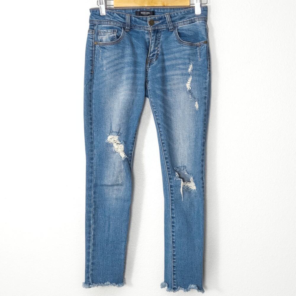 Black Label by C'est Toi Blue Distressed Skinny Jeans Size 25 Y2K Raw Hem